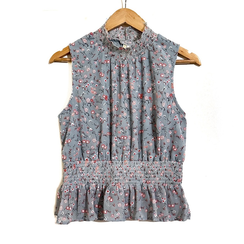 Japna Mock Neck Romantic Dainty Floral  Sleeveless Smocked Peplum Blouse